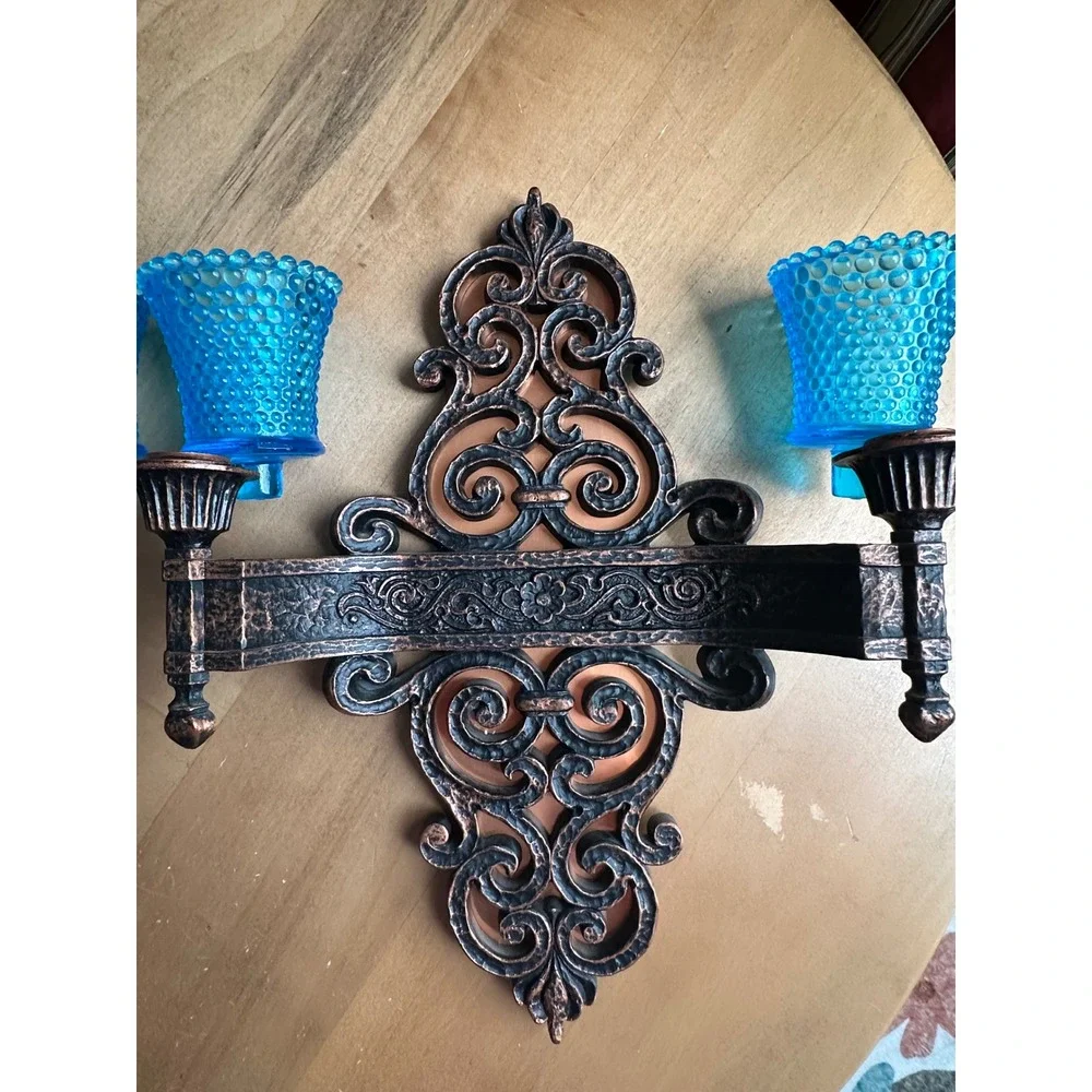 Coppercraft Guild Vintage Copper Wall Sconces Blue Hobnail Glass Votives Pair